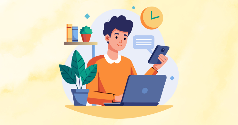 The illustration of a young man using a laptop and smartphone at a desk represents digital payment or online work.